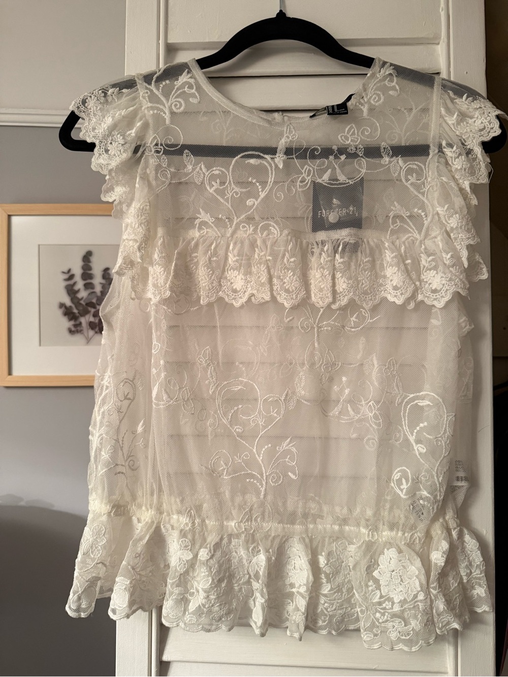 Forever 21 Ivory Lace Ruffle Mesh Blouse